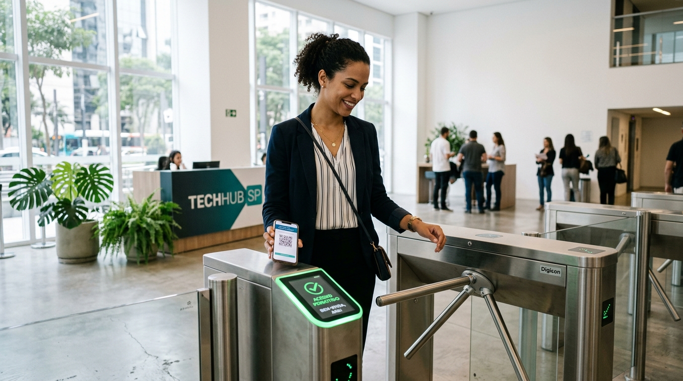 Uma mulher sorridente com cabelos cacheados presos está na recepção de um prédio comercial chamado "TECHHUB SP". Ela utiliza uma catraca de aço inoxidável, aproximando seu smartphone da tela do leitor. O visor da catraca exibe um círculo verde com a mensagem "ACESSO PERMITIDO". O saguão é amplo, iluminado e decorado com plantas naturais, com outras pessoas conversando ao fundo.