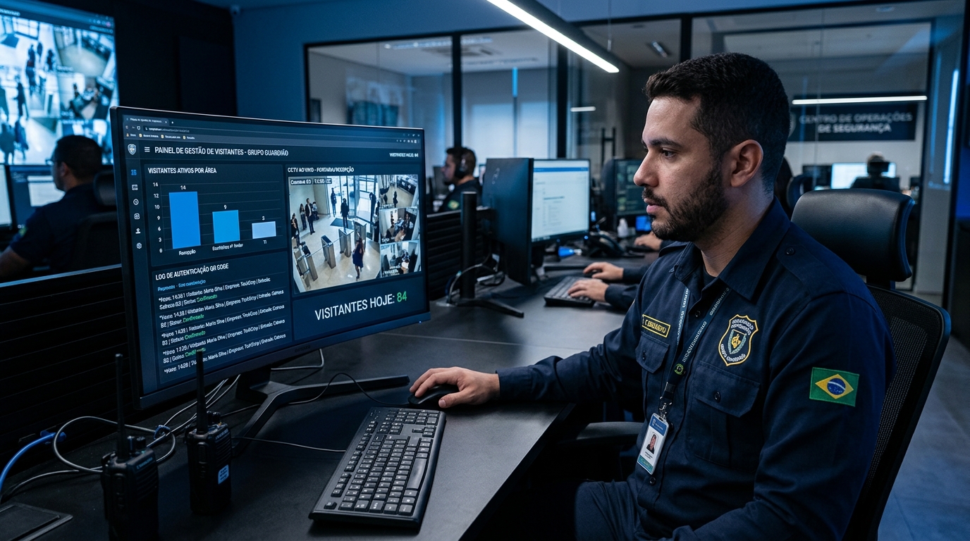Em uma sala de monitoramento com luz baixa e tons azulados, um operador de segurança focado observa um grande monitor. A tela exibe o "Painel de Gestão de Visitantes", contendo gráficos de barras sobre visitantes ativos, logs de autenticação em tempo real e imagens de câmeras de segurança da recepção. O operador veste um uniforme azul com um patch da bandeira do Brasil no braço e um crachá de identificação. Sobre a mesa, veem-se dois rádios comunicadores.