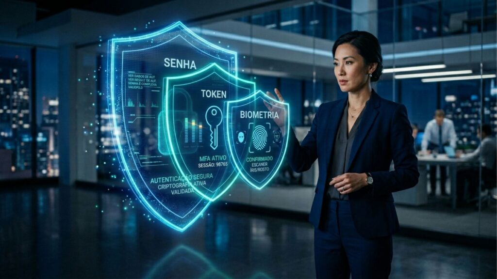 Uma especialista em segurança digital, de ascendência asiática, interage com uma interface holográfica flutuante em uma sala de controle noturna. O holograma exibe três camadas de escudos azuis brilhantes representando os fatores de autenticação: "SENHA", "TOKEN" e "BIOMETRIA". Os escudos contêm ícones de cadeado, chave e impressão digital, além de textos como "MFA ATIVO" e "AUTENTICAÇÃO SEGURA". Ao fundo, a cidade é visível através das grandes janelas do escritório.
