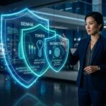 Uma especialista em segurança digital, de ascendência asiática, interage com uma interface holográfica flutuante em uma sala de controle noturna. O holograma exibe três camadas de escudos azuis brilhantes representando os fatores de autenticação: "SENHA", "TOKEN" e "BIOMETRIA". Os escudos contêm ícones de cadeado, chave e impressão digital, além de textos como "MFA ATIVO" e "AUTENTICAÇÃO SEGURA". Ao fundo, a cidade é visível através das grandes janelas do escritório.