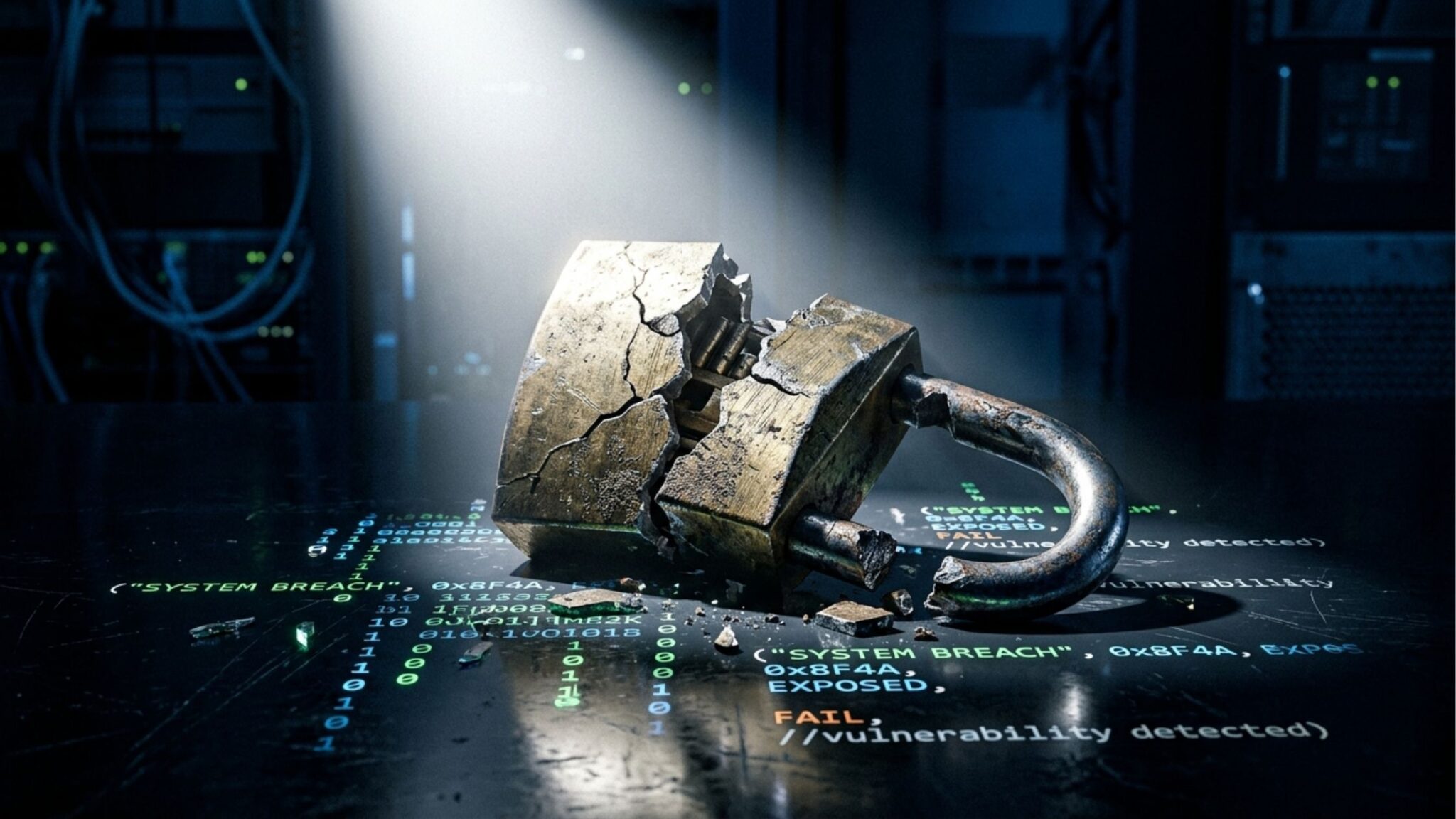 Uma imagem conceitual dramática mostrando um grande cadeado de latão antigo completamente quebrado e rachado ao meio sob uma luz focal direta. O cadeado repousa sobre uma superfície escura onde códigos de programação e mensagens de erro brilham em verde e laranja, incluindo os termos "SYSTEM BREACH" (Violação de Sistema) e "FAIL // vulnerability detected" (Falha // vulnerabilidade detectada). Ao fundo, luzes tênues de servidores de TI completam o cenário de um ataque cibernético.