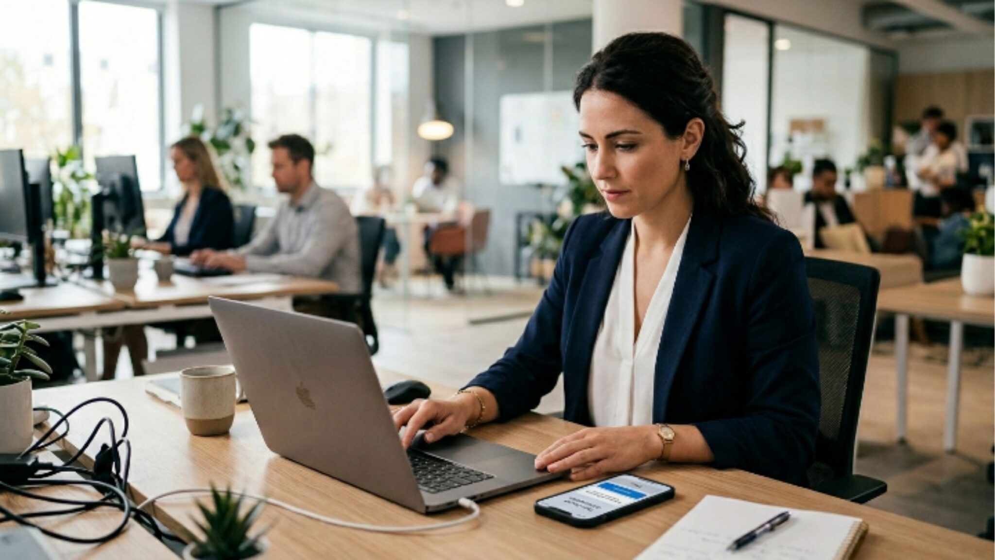 Em um escritório iluminado de plano aberto, uma mulher concentrada trabalha em seu laptop sobre uma mesa de madeira. Ao lado do computador, seu smartphone está posicionado exibindo uma interface de autenticação de dois fatores (2FA). Outros colegas de trabalho são vistos ao fundo, desfocados, também em suas estações de trabalho, reforçando um ambiente corporativo dinâmico e seguro.