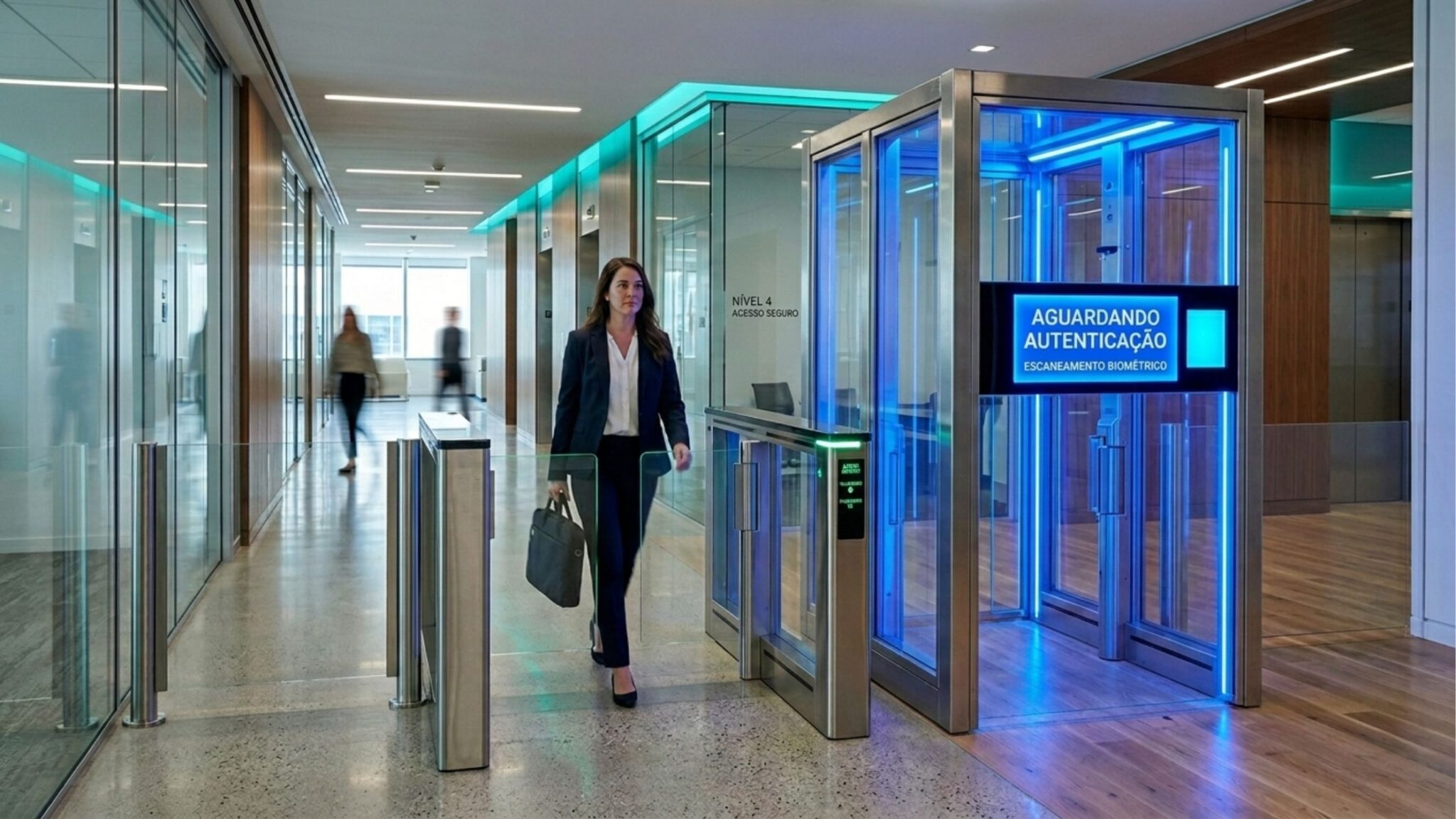 Uma executiva caminha pelo corredor de um escritório moderno, passando por uma catraca de vidro. Ao lado dela, destaca-se uma cabine de segurança futurista de vidro e metal, iluminada por luzes neon azuis. A cabine possui um painel frontal preto com a mensagem em destaque: "AGUARDANDO AUTENTICAÇÃO - ESCANEAMENTO BIOMÉTRICO". O ambiente é amplo, com divisórias de vidro e iluminação embutida no teto em tons de azul e verde.