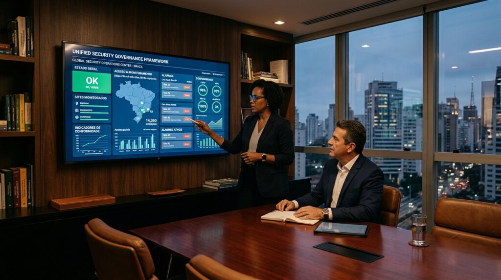 Em uma sala com painéis de madeira e estantes de livros, uma executiva apresenta dados em uma grande tela de TV intitulada "Unified Security Governance Framework". Ela utiliza um passador de slides para indicar um mapa do Brasil e diversos indicadores de conformidade e alertas ativos. Um executivo sentado à mesa de reuniões observa a apresentação atentamente. Através da janela, vê-se a iluminação da cidade ao anoitecer.