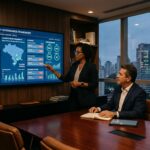 Em uma sala com painéis de madeira e estantes de livros, uma executiva apresenta dados em uma grande tela de TV intitulada "Unified Security Governance Framework". Ela utiliza um passador de slides para indicar um mapa do Brasil e diversos indicadores de conformidade e alertas ativos. Um executivo sentado à mesa de reuniões observa a apresentação atentamente. Através da janela, vê-se a iluminação da cidade ao anoitecer.