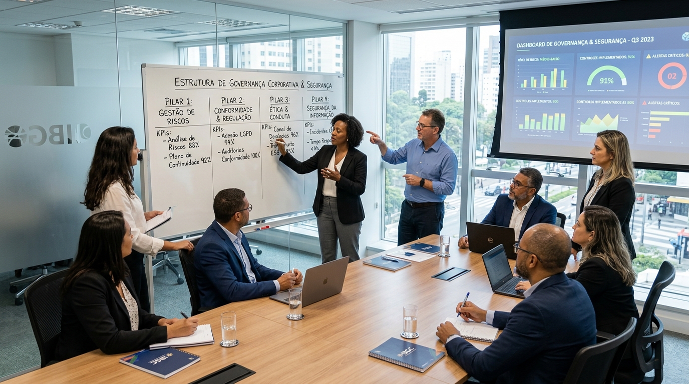 Uma equipe de profissionais participa de um workshop sobre "Estrutura de Governança Corporativa & Segurança". Uma mulher negra, em trajes executivos, lidera a apresentação em frente a um quadro branco que detalha quatro pilares: Gestão de Riscos, Conformidade & Regulação, Ética & Conduta e Segurança da Informação. Ao fundo, uma tela de projeção exibe um dashboard de governança com indicadores de desempenho (KPIs) e gráficos de pizza.