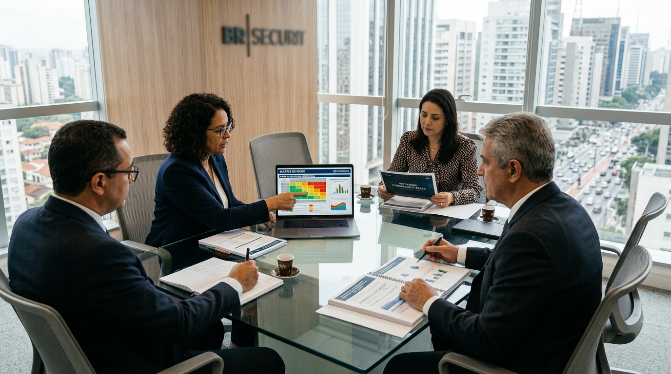 Quatro executivos, dois homens e duas mulheres, estão reunidos em torno de uma mesa de vidro em uma sala de reuniões de alto padrão com vista para o horizonte urbano. Uma das mulheres aponta para a tela de um laptop que exibe uma "Matriz de Risco" colorida com gráficos estatísticos. Eles analisam documentos impressos e relatórios, com pequenas xícaras de café sobre a mesa. O ambiente sugere uma tomada de decisão estratégica baseada em dados.