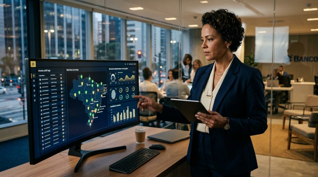 Uma executiva negra em um escritório moderno aponta para um grande monitor ultra-wide curvo. A tela exibe um dashboard de segurança avançado com um mapa do Brasil pontilhado de ícones, gráficos de desempenho e dados de reconhecimento facial e biométrico. Ela segura um tablet e observa os dados com atenção. Ao fundo, através de divisórias de vidro, vê-se a movimentação de outros funcionários e as luzes da cidade através das janelas.