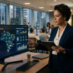 Uma executiva negra em um escritório moderno aponta para um grande monitor ultra-wide curvo. A tela exibe um dashboard de segurança avançado com um mapa do Brasil pontilhado de ícones, gráficos de desempenho e dados de reconhecimento facial e biométrico. Ela segura um tablet e observa os dados com atenção. Ao fundo, através de divisórias de vidro, vê-se a movimentação de outros funcionários e as luzes da cidade através das janelas.