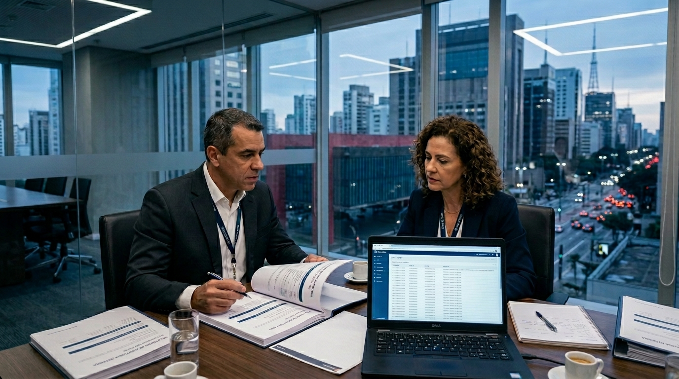 Um homem e uma mulher, executivos de uma instituição financeira, estão sentados à mesa de uma sala de reuniões com paredes de vidro, com vista para o horizonte urbano de São Paulo ao anoitecer. Eles analisam documentos físicos e um laptop aberto que exibe uma planilha de dados detalhada. Há xícaras de café e copos de água sobre a mesa, sugerindo uma sessão de auditoria ou planejamento estratégico.