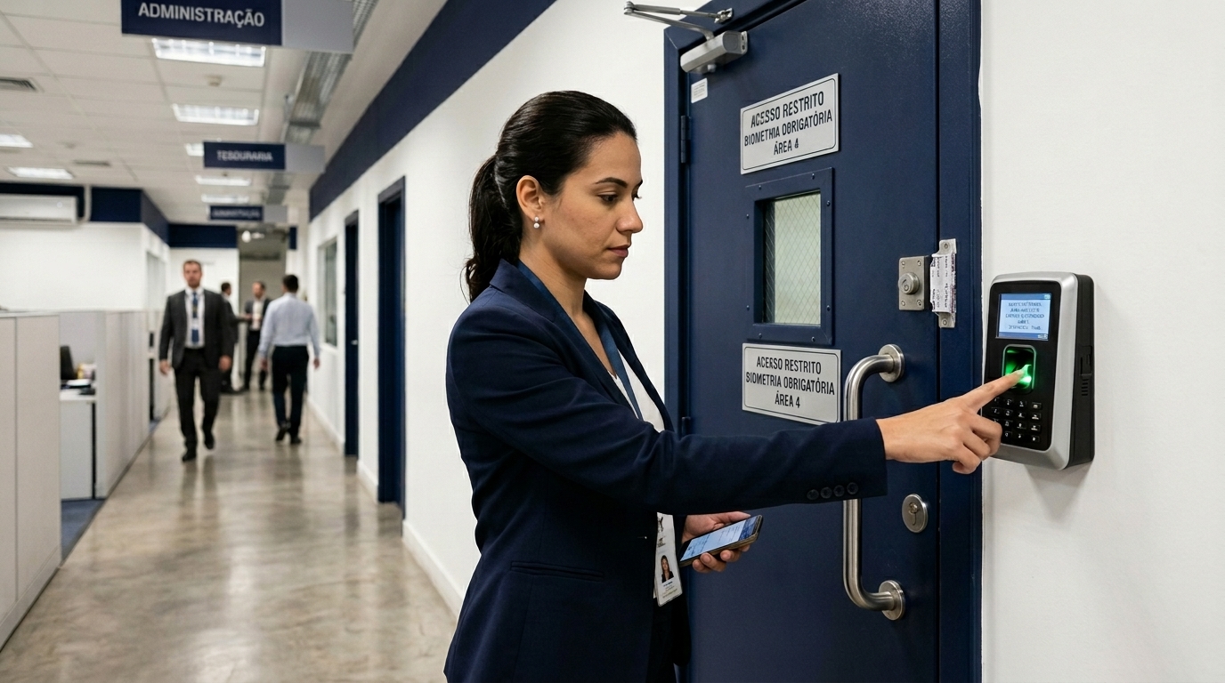 Em um corredor de escritório, uma mulher com traje social azul marinho utiliza um leitor biométrico instalado ao lado de uma porta azul pesada. Ela pressiona o dedo indicador no sensor iluminado de verde enquanto segura um smartphone na outra mão. Na porta, há avisos de "ACESSO RESTRITO - BIOMETRIA OBRIGATÓRIA". Ao fundo, o corredor se estende com placas indicando áreas como "ADMINISTRAÇÃO" e "TESOURARIA", com outros funcionários caminhando ao longe.