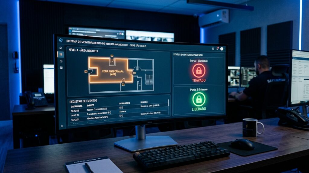 Um monitor ultra-wide em uma mesa de escritório exibe o "Sistema de Monitoramento de Intertravamento IP". A tela mostra a planta baixa de uma "Zona Antecâmara" destacada em laranja e o status das portas: "Porta 1 (Externo)" com ícone de cadeado vermelho e texto "TRAVADO", e "Porta 2 (Interno)" com ícone verde e texto "LIBERADO". Na parte inferior, há um registro de eventos em tempo real. Ao fundo, em uma sala de monitoramento com iluminação azul, vê-se um operador de segurança de costas trabalhando em outra estação.