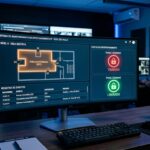 Um monitor ultra-wide em uma mesa de escritório exibe o "Sistema de Monitoramento de Intertravamento IP". A tela mostra a planta baixa de uma "Zona Antecâmara" destacada em laranja e o status das portas: "Porta 1 (Externo)" com ícone de cadeado vermelho e texto "TRAVADO", e "Porta 2 (Interno)" com ícone verde e texto "LIBERADO". Na parte inferior, há um registro de eventos em tempo real. Ao fundo, em uma sala de monitoramento com iluminação azul, vê-se um operador de segurança de costas trabalhando em outra estação.