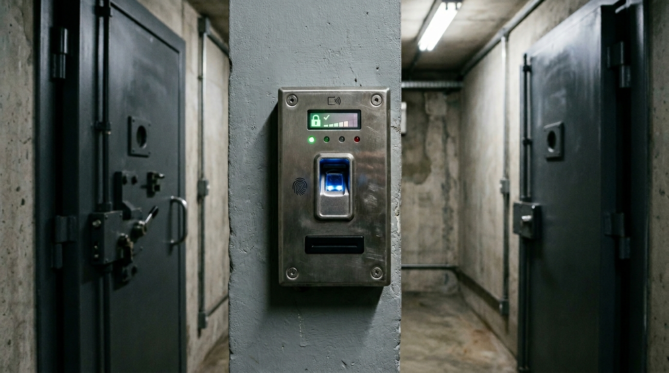 Primeiro plano de um terminal de controle de acesso em uma pilastra de concreto bruto. O dispositivo de metal escovado possui um sensor de biometria digital iluminado por uma luz azul e um visor na parte superior que mostra um ícone de cadeado verde e uma barra de status. Ao fundo, em um ambiente de segurança máxima que lembra um bunker, veem-se duas portas de aço reforçadas e pesadas, fechadas, dispostas em corredores laterais.