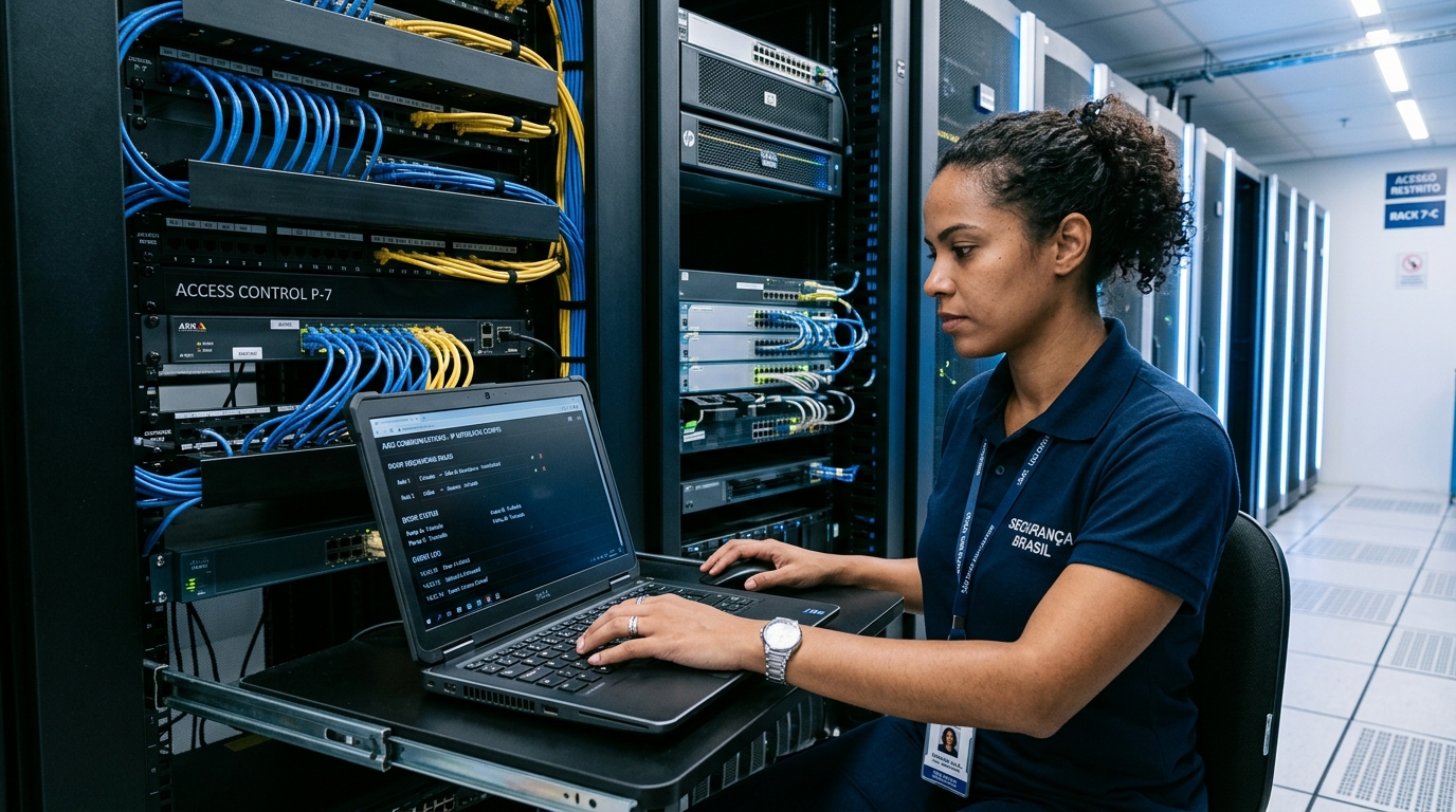 Uma técnica de TI com cabelos cacheados presos trabalha em um data center. Ela está sentada de perfil, operando um laptop que exibe códigos de configuração de rede. À sua frente, há um rack de servidores aberto com diversos cabos de rede azuis e amarelos organizados em painéis de "Access Control". O ambiente é de um centro de dados moderno, com corredores de servidores iluminados ao fundo e uma placa de "Acesso Restrito".