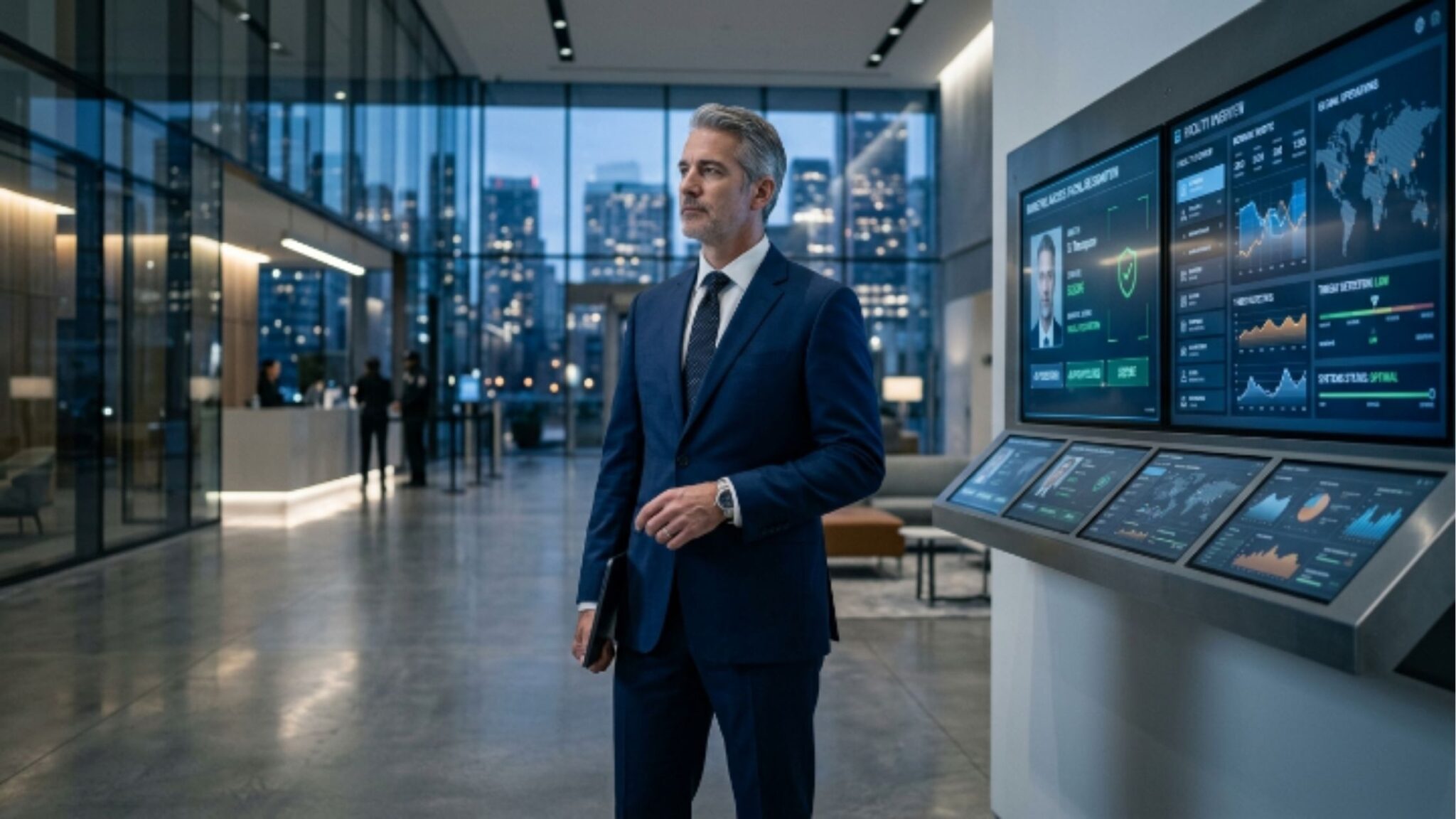 Um executivo de cabelos grisalhos e terno azul marinho está em pé em um saguão corporativo de luxo à noite. Ele olha para o lado com uma expressão confiante. À sua direita, há um grande painel de controle digital futurista exibindo mapas globais, gráficos de monitoramento em tempo real, dados de sistemas e reconhecimento facial. Ao fundo, através das grandes janelas de vidro, vêem-se as luzes dos prédios da cidade.