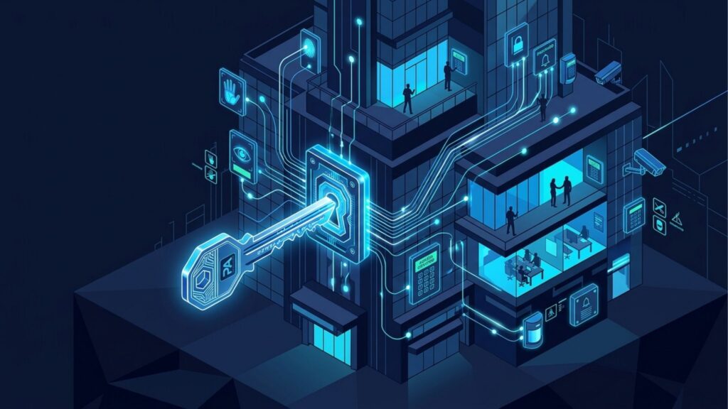 Ilustração isométrica em tons de azul neon representando um edifício inteligente e seguro. Uma grande chave digital brilhante é inserida em uma fechadura eletrônica na fachada do prédio. Linhas de circuitos conectam a chave a diversos pontos do edifício, onde ícones mostram diferentes sistemas de segurança: reconhecimento facial, leitura de íris, biometria manual, câmeras de vigilância e teclados de acesso. Dentro das salas iluminadas, veem-se silhuetas de pessoas trabalhando.