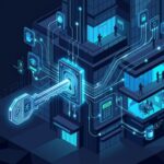 Ilustração isométrica em tons de azul neon representando um edifício inteligente e seguro. Uma grande chave digital brilhante é inserida em uma fechadura eletrônica na fachada do prédio. Linhas de circuitos conectam a chave a diversos pontos do edifício, onde ícones mostram diferentes sistemas de segurança: reconhecimento facial, leitura de íris, biometria manual, câmeras de vigilância e teclados de acesso. Dentro das salas iluminadas, veem-se silhuetas de pessoas trabalhando.