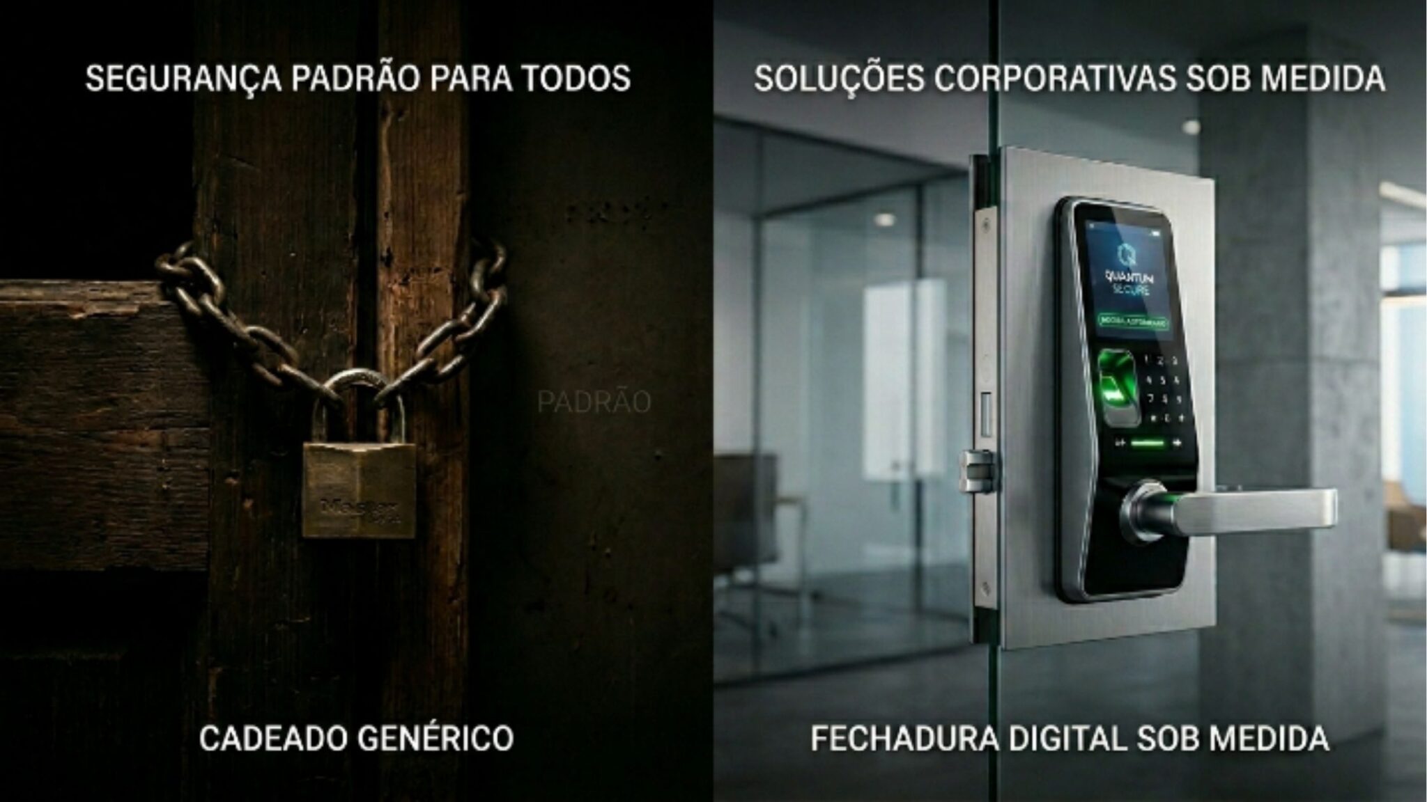 Uma imagem comparativa dividida ao meio. No lado esquerdo, sob o título "SEGURANÇA PADRÃO PARA TODOS", vê-se um cadeado de metal comum prendendo uma corrente em uma porta de madeira rústica, com a legenda "CADEADO GENÉRICO". No lado direito, sob o título "SOLUÇÕES CORPORATIVAS SOB MEDIDA", destaca-se uma fechadura digital moderna e tecnológica em uma porta de vidro, com leitor de biometria e teclado numérico iluminado, acompanhada da legenda "FECHADURA DIGITAL SOB MEDIDA".
