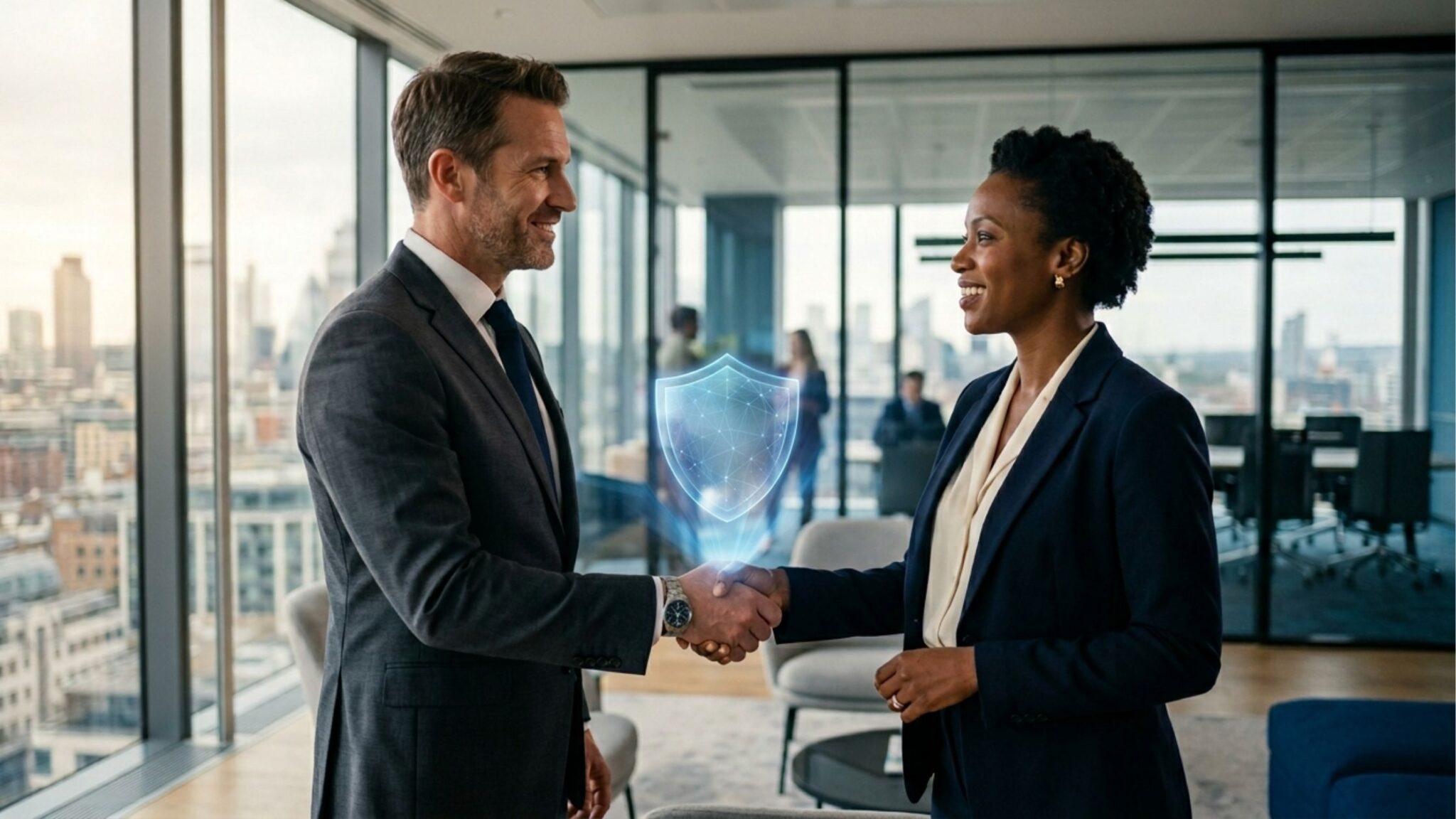 Em um escritório moderno com vista para o horizonte da cidade, um homem caucasiano e uma mulher negra, ambos em trajes executivos, sorriem enquanto apertam as mãos. Sobre o aperto de mãos, há um holograma azul brilhante de um escudo, simbolizando um acordo seguro ou proteção. O ambiente é iluminado e profissional, com divisórias de vidro ao fundo.