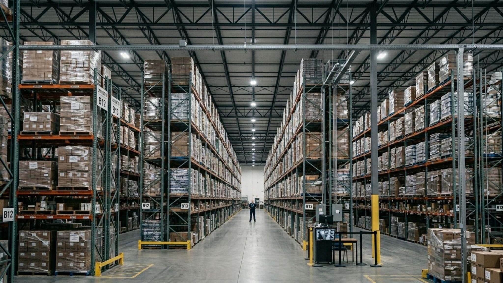 Vista em perspectiva do corredor central de um enorme centro de distribuição logística. Prateleiras metálicas altíssimas (racks) estão carregadas com paletes de caixas de papelão envoltas em plástico filme, estendendo-se até o fundo da imagem. Ao centro, bem ao longe, uma figura humana solitária observa o estoque. A iluminação industrial no teto cria um ambiente claro e simétrico.