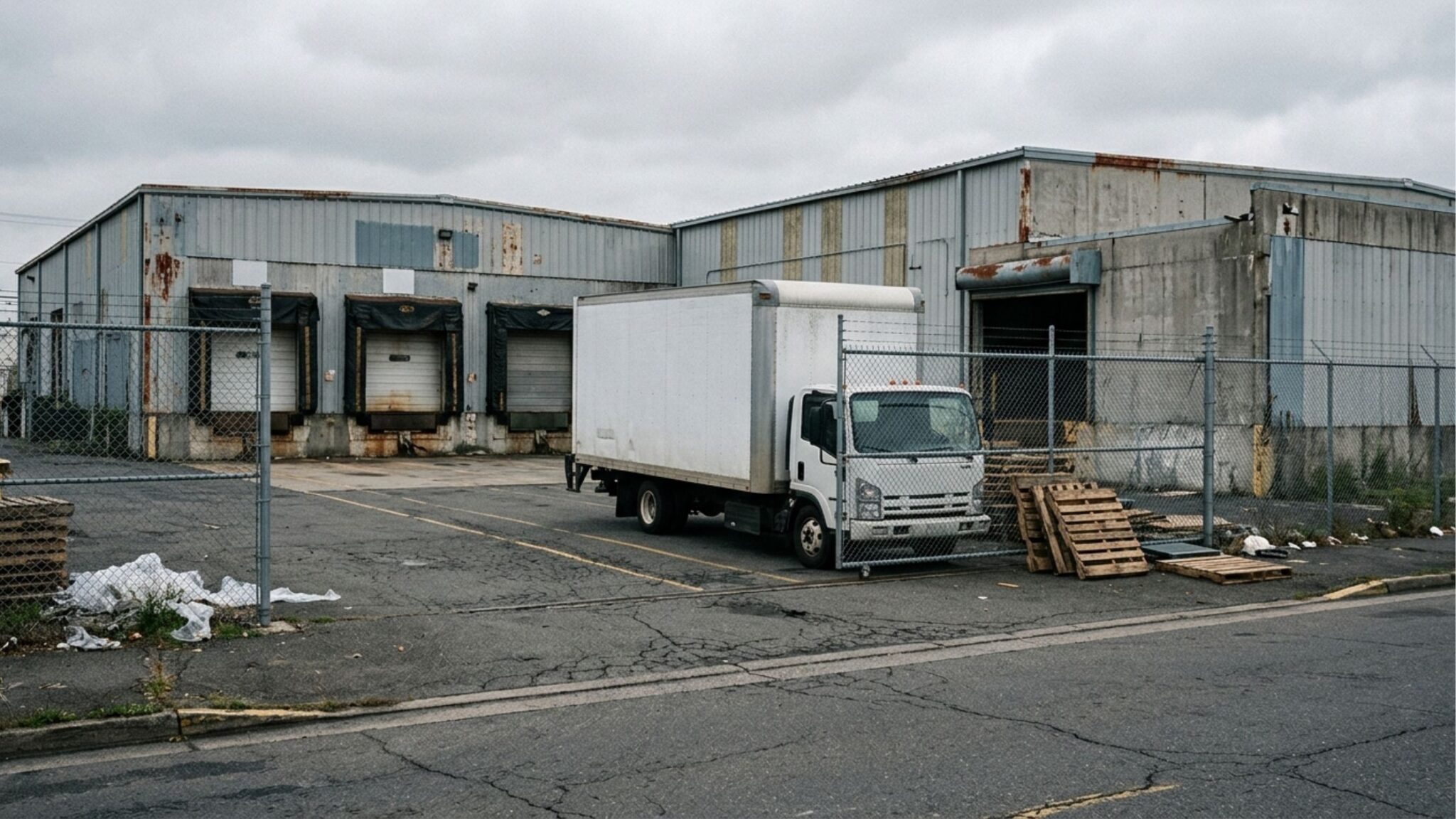 Vista externa de um armazém industrial antigo com paredes de metal e concreto desgastadas. O prédio possui quatro docas de carregamento com portões de enrolar. Um caminhão baú branco de pequeno porte está estacionado no pátio de asfalto rachado, em frente a uma cerca de tela de arame que delimita a propriedade. O céu está nublado, conferindo um tom frio à cena.
