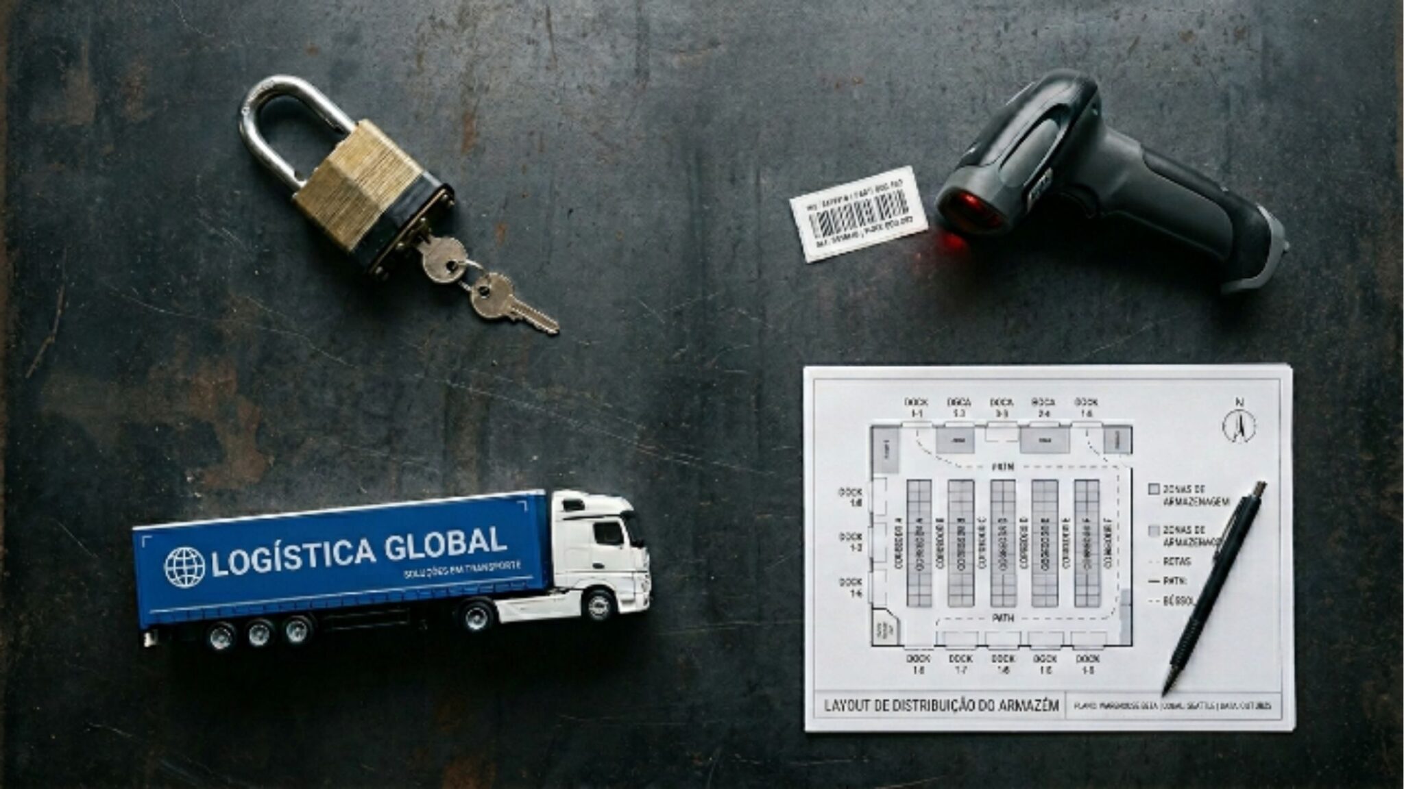 Composição em "flat lay" sobre uma superfície cinza escura e desgastada. Estão dispostos quatro elementos principais: no canto superior esquerdo, um cadeado de latão com chaves; no superior direito, um leitor de código de barras manual disparando um laser vermelho; no inferior esquerdo, uma miniatura de caminhão de carga azul e branco com a escrita "LOGÍSTICA GLOBAL"; e no inferior direito, uma folha de papel com o layout técnico de distribuição de um armazém e uma caneta ao lado.