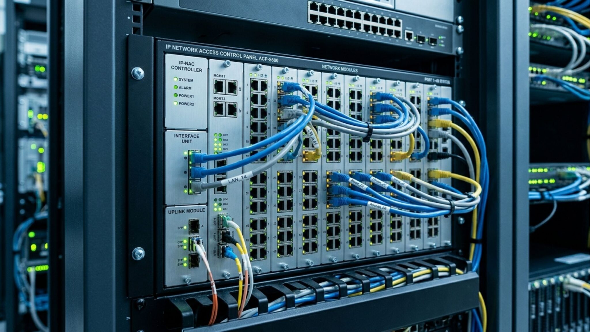 Close-up técnico de um painel de controle de acesso à rede (IP-NAC) montado em um rack de servidor. O equipamento de metal escovado possui várias portas conectadas com cabos de rede azuis e cinzas organizados. Luzes LED verdes e amarelas indicam o status de operação do sistema, alarmes e energia. A fiação é organizada profissionalmente, representando infraestrutura de TI e segurança digital.