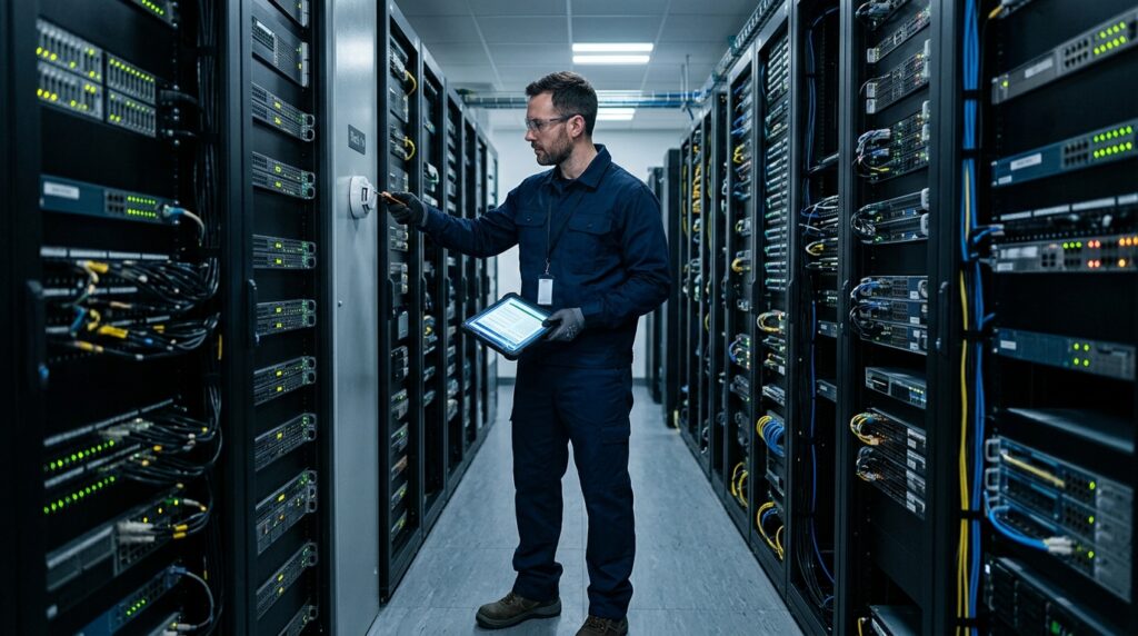 Um técnico ou engenheiro de sistemas trabalhando no corredor central de uma sala de servidores (data center) iluminada. Ele tem barba curta, usa óculos de proteção transparentes, luvas e veste um uniforme profissional azul-marinho de mangas compridas. Na mão esquerda, segura um tablet que exibe um relatório ou diagrama técnico na tela. Com a mão direita, ele utiliza uma pequena ferramenta para testar ou ajustar um dispositivo circular branco (um sensor ou detector) instalado na lateral de uma das altas torres de rack pretas. Ao redor, as fileiras de racks exibem equipamentos eletrônicos em pleno funcionamento com dezenas de pequenas luzes LED verdes acesas.