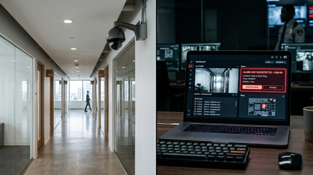 Imagem dividida em duas partes que mostra a relação entre o monitoramento físico e o digital. Do lado esquerdo, vê-se o longo corredor interno de um escritório corporativo moderno com piso de concreto polido e divisórias de vidro; fixada no canto superior da parede, há uma câmera de segurança escura do tipo dome e, ao fundo, o vulto desfocado de uma pessoa caminhando. Do lado direito, em primeiro plano sobre uma mesa de madeira, a tela de um notebook exibe um software de segurança integrada com um grande aviso de alerta vermelho destacado: "ALARM: MOTION DETECTED - CAM 04". O sistema mostra o feed de vídeo em tempo real do mesmo corredor e uma planta baixa com um ponto vermelho indicando a intrusão.