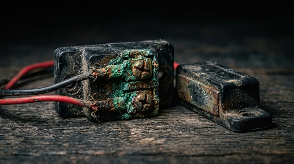 Fotografia em macro e close-up extremo revelando o estado de severa deterioração e falta de manutenção de um componente eletrônico (sensor magnético de alarme ou bloco de terminais). O dispositivo de plástico preto está apoiado sobre uma superfície de madeira rústica e escura. Seus parafusos metálicos e conexões elétricas internas estão completamente cobertos por uma espessa e densa camada de azinhavre (oxidação verde) e ferrugem corrosiva. Dois fios elétricos, um vermelho e um preto, aparecem com o isolamento plástico danificado e pontas de cobre desfiadas e oxidadas.