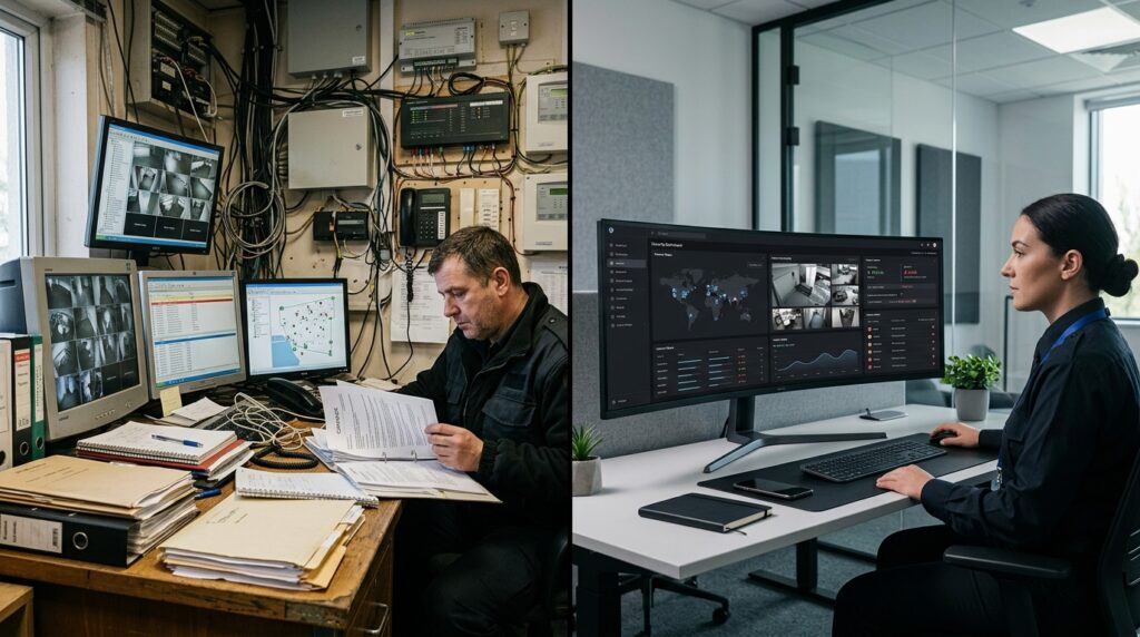 Imagem de comparação dividida lado a lado que ilustra o contraste entre uma gestão de segurança obsoleta e uma moderna. Do lado esquerdo, um operador analisa documentos em uma sala técnica antiga e caótica, com pilhas de papéis, pastas de arquivo e monitores desalinhados, sob uma parede com um emaranhado denso e desorganizado de fios elétricos expostos. Do lado direito, uma operadora trabalha calma e confortavelmente em um escritório clean com divisórias de vidro, utilizando um único monitor ultrawide curvo que exibe uma plataforma de gerenciamento unificada, com mapas, gráficos limpos e imagens integradas.