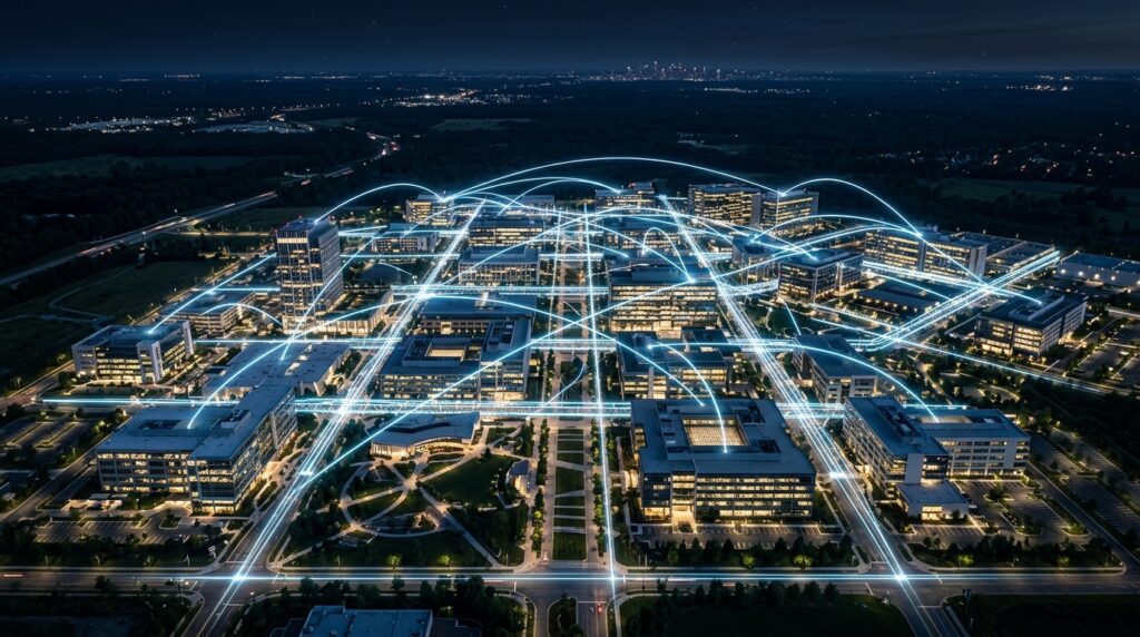 Vista aérea noturna de um grande complexo empresarial ou campus corporativo com múltiplos edifícios de escritórios modernos e iluminados. Sobreposta à imagem, há uma rede gráfica tridimensional de linhas e arcos digitais luminosos na cor azul-clara que se conectam e cruzam entre todos os prédios, simbolizando a conectividade de dados, a integração de sistemas ou uma infraestrutura de rede unificada entre diferentes blocos. Ao fundo, observa-se a silhueta de uma cidade distante sob um céu noturno.