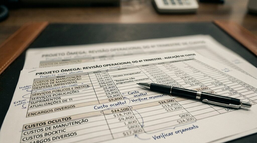 Close-up de um relatório financeiro impresso intitulado "PROJETO ÔMEGA: REVISÃO OPERACIONAL DO 4º TRIMESTRE - ALOCAÇÃO DE CUSTOS" posicionado sobre uma mesa de escritório. Uma caneta esferográfica preta e prata repousa sobre a folha, que contém uma tabela detalhada com valores monetários. Vários itens da tabela estão circulados à caneta com anotações manuais como "Custo oculto!", "Verificar orçamento", "Hidden cost" e "Atraso inesperado", evidenciando gastos imprevistos e problemas no planejamento de custos de manutenção e TI.