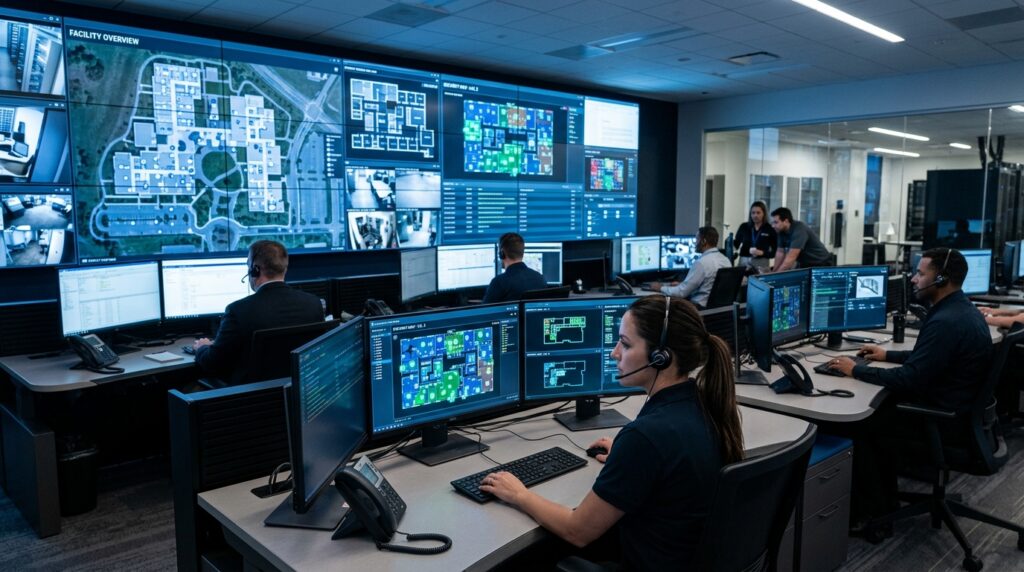 Interior de um centro de controle operacional (CCO) de segurança integrado de alta tecnologia. Em primeiro plano, uma operadora com headset analisa gráficos e plantas baixas digitais coloridas em dois monitores à sua frente. Outros operadores trabalham em suas bancadas equipadas com computadores. Ao fundo, uma imensa parede de telas digitais (vídeo wall) exibe mapas de instalações, transmissões de câmeras de segurança e painéis analíticos com dados em tempo real.