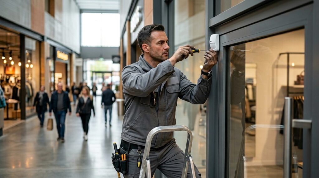 Um técnico de segurança vestindo uniforme e cinto de ferramentas cinza está subido em uma escada de alumínio em um corredor de shopping center. Ele usa uma chave de fenda para instalar ou ajustar um sensor de alarme ou detector de movimento branco na parte superior do batente de uma porta de vidro de uma loja. Ao fundo, pessoas caminham desfocadas pelo corredor iluminado do centro comercial.