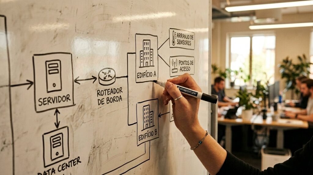 Close-up da mão de uma pessoa segurando um pincel atômico preto e desenhando um diagrama técnico em um quadro branco. O diagrama feito à mão mostra conexões de rede com os rótulos "SERVIDOR", "DATA CENTER", "ROTEADOR DE BORDA", "EDIFÍCIO A" e "EDIFÍCIO B", além de caixas indicando "ARRANJO DE SENSORES" e "PONTOS DE ACESSO". Ao fundo, fora de foco, outros profissionais trabalham em suas mesas em um escritório iluminado.