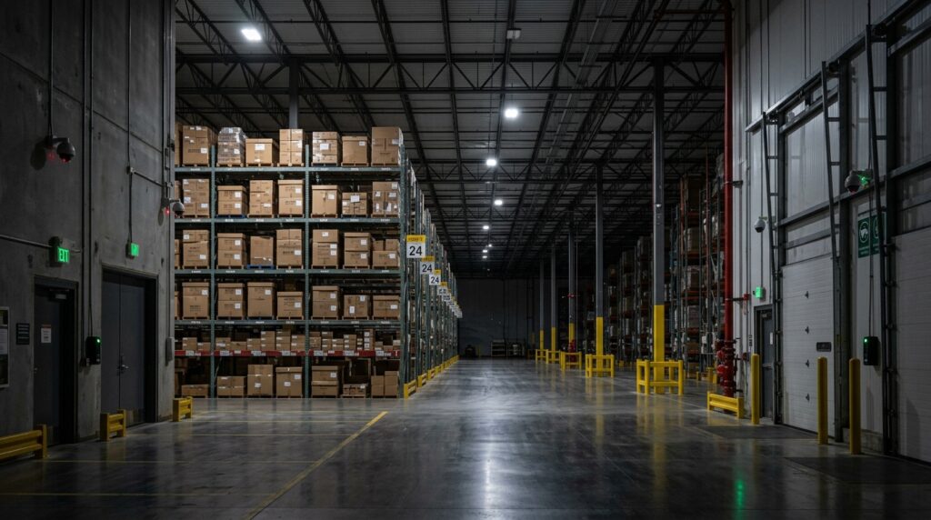 Visão interna ampla e centralizada de um grande armazém ou centro de distribuição logística durante a noite. O corredor central longo e polido é ladeado por altas estruturas de racks de metal repletas de caixas de papelão empilhadas de forma organizada. Luminárias industriais no teto alto de treliça iluminam o espaço. Câmeras de segurança do tipo dome e sensores de intrusão com pequenas luzes indicadoras estão instalados nas colunas e paredes laterais de concreto.
