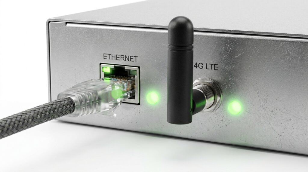 Close-up macro focado no painel traseiro de alumínio escovado de uma central de alarme ou comunicador IP. À esquerda, um cabo de rede premium com revestimento de malha cinza trançada está firmemente conectado a uma porta identificada com a gravação "ETHERNET", exibindo uma luz interna verde ativa. Logo ao lado, uma pequena antena omnidirecional preta de borracha está rosqueada em uma conexão identificada como "4G LTE". Duas lâmpadas de LED circulares brilham na cor verde na carcaça metálica, indicando que o sistema e as conexões estão operando normalmente.