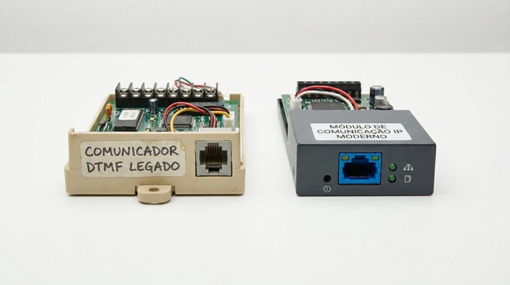 Foto comparativa de dois módulos eletrônicos de comunicação colocados lado a lado sobre uma superfície branca. À esquerda, um dispositivo aberto dentro de uma carcaça plástica bege exibe a etiqueta "COMUNICADOR DTMF LEGADO", mostrando sua placa de circuito impresso com chips internos e uma entrada de linha telefônica padrão RJ11 na cor cinza. À direita, um dispositivo fechado em carcaça preta exibe a etiqueta "MÓDULO DE COMUNICAÇÃO IP MODERNO", destacando uma entrada de rede Ethernet RJ45 azul brilhante na parte frontal, acompanhada por duas luzes LED verdes de status e ícones de rede.
