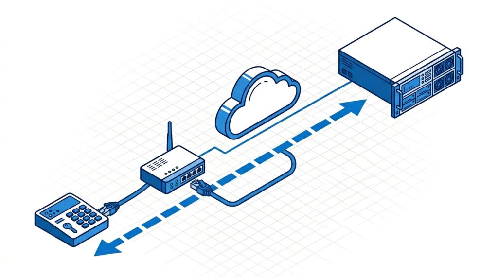 Ilustração digital em estilo infográfico isométrico com linhas e preenchimentos em tons de azul sobre um fundo branco liso, representando o esquema de funcionamento de um sistema de segurança em nuvem. Do lado esquerdo, o teclado de uma central de alarme corporativa se conecta por um cabo de rede a um roteador ou modem equipado com uma antena. A partir do roteador, as linhas de dados passam por um ícone de nuvem no centro do diagrama e seguem até um servidor de rack de TI posicionado no canto superior direito. Uma grande seta pontilhada bidirecional indica o fluxo contínuo de comunicação entre o alarme e o servidor.