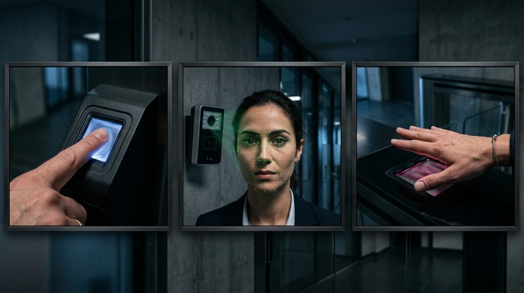 Composição digital em formato de tríptico exibindo três quadros lado a lado com modalidades distintas de autenticação biométrica em alta tecnologia. O quadro da esquerda mostra um close-up de um dedo indicador pressionando um sensor óptico de impressão digital iluminado em azul. O quadro central exibe o rosto de uma mulher séria, vestindo blazer preto, sendo mapeado por uma projeção holográfica de pontos e linhas verdes de reconhecimento facial emitidos por um terminal na parede. O quadro da direita mostra em detalhe uma mão aberta flutuando sobre um scanner de leitura de veias palmares iluminado por uma luz vermelha embutida em uma bancada escura.