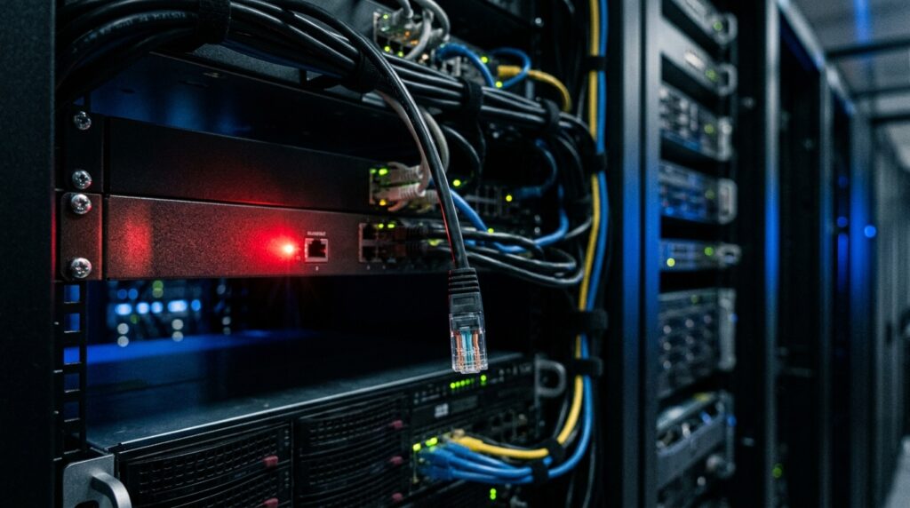 Close-up com foco seletivo no interior de um rack de cabeamento estruturado e servidores. No centro da imagem, um único cabo de rede ethernet preto desconectado pende verticalmente, deixando em evidência seu conector RJ45 transparente e os pequenos fios coloridos em seu interior. Logo atrás, em profundidade de campo reduzida, um dos equipamentos de rede instalados exibe uma luz LED de status acesa na cor vermelha intensa, enquanto os switches vizinhos mostram cabos azuis conectados e pequenas luzes verdes em pleno funcionamento.