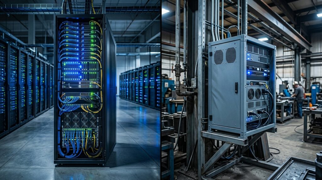 Imagem comparativa dividida lado a lado mostrando a versatilidade de instalação de infraestruturas de rede. Do lado esquerdo, um rack de servidores de TI profissional, vertical e altamente organizado dentro de um ambiente de data center limpo e climatizado; o rack está repleto de switches com cabos azuis e amarelos perfeitamente alinhados e LEDs piscando. Do lado direito, o contraste com um ambiente fabril: um gabinete ou rack industrial cinza, robusto e fechado, instalado diretamente em uma coluna estrutural de uma oficina mecânica ou metalúrgica, cercado por tubulações de metal e com um operário trabalhando ao fundo de forma desfocada.