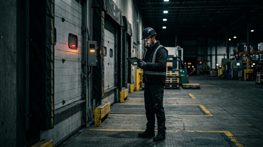 Visão em ângulo médio de um inspetor ou profissional de segurança e logística em um grande galpão industrial ou centro de distribuição com iluminação reduzida. Ele veste roupas escuras, capacete de proteção preto, colete refletivo e luvas enquanto digita e analisa dados em um tablet corporativo robusto. À esquerda, alinham-se grandes portas de enrolar cinzas para docas de carga; fixado na parede ao lado de uma delas, há um leitor eletrônico ou painel de controle de acesso com uma luz indicadora âmbar (laranja) acesa.