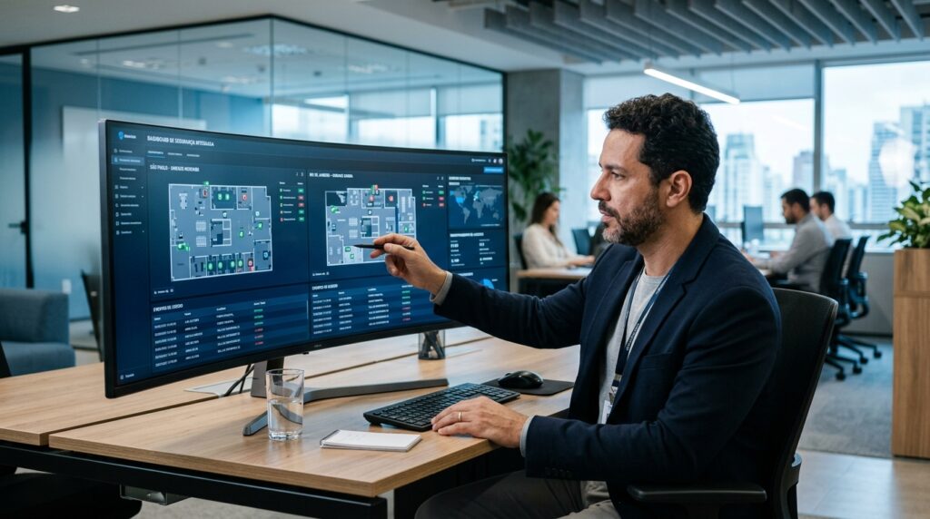 Um profissional de segurança de dados ou gestor de infraestrutura, vestindo blazer escuro e crachá, trabalha sentado em sua mesa em um escritório corporativo moderno. Ele aponta uma caneta touchscreen para um monitor ultra-widescreen curvo que exibe duas plantas baixas digitais detalhadas de edifícios com indicadores coloridos (verdes e vermelhos) de status de segurança, além de gráficos e tabelas analíticas. Ao fundo, outros colegas de trabalho realizam suas atividades em suas respectivas mesas de frente para janelas que revelam prédios da cidade.