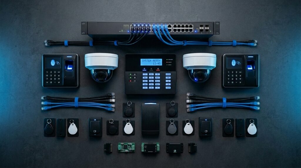 Uma composição em estilo knolling (vista aérea organizada) sobre uma superfície cinza escuro exibe diversos equipamentos de segurança eletrônica e rede. No topo, há um switch de rede preto com cabos Ethernet azuis conectados. Abaixo dele, estão dispostos dois terminais biométricos com leitor de impressão digital e teclado numérico, duas câmeras de segurança tipo dome brancas e um painel de alarme central com uma tela digital que exibe "SYSTEM READY". Na metade inferior, veem-se feixes de cabos azuis e pretos com organizadores, além de vários chaveiros tags de proximidade RFID pretos e brancos e pequenas placas de circuito eletrônico dispostas em linha.