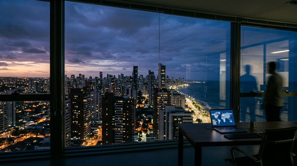 Vista panorâmica noturna através das grandes janelas de vidro de um escritório em andar alto. Do lado de fora, observa-se uma densa cidade litorânea iluminada com arranha-céus à beira-mar, sob um céu nublado de fim de crepúsculo. No interior do escritório escuro, em primeiro plano, uma mesa de madeira exibe um notebook ligado mostrando um mapa-múndi com nós e pontos de monitoramento conectados globalmente. À direita, a silhueta em movimento borrado (motion blur) de um homem caminha pelo espaço, refletindo-se discretamente no vidro da janela.