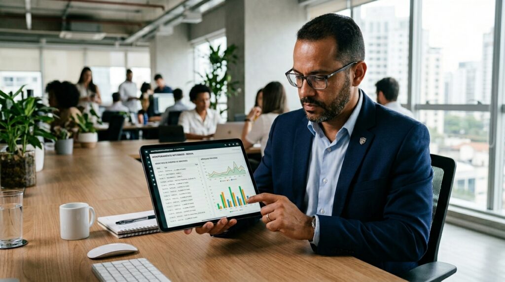 Um homem de óculos e blazer azul-escuro senta-se à mesa de um escritório moderno em conceito aberto. Ele segura um tablet em direção à câmera e aponta com o dedo indicador para um gráfico de barras coloridas na tela. O display do tablet exibe um painel de controle intitulado "MONITORAMENTO INTEGRADO - BRASIL" contendo listas de eventos de sensores, métricas e gráficos analíticos de atividade por zona de alarme. Sobre a mesa de madeira, há um teclado, um mouse, um caderno, uma caneca branca e um copo de água. Ao fundo, outros colaboradores trabalhando aparecem desfocados.