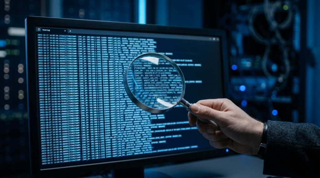 Close-up de uma mão segurando uma lupa em frente a um monitor de computador que exibe linhas densas de códigos de programação, strings de sistemas e logs de auditoria (event logs). A lupa amplia e traz nitidez a uma seção específica do texto digital, evidenciando dados técnicos como históricos de data, hora e endereços de IP. O plano de fundo mostra o ambiente de um data center escuro com luzes LED azuis desfocadas de servidores.